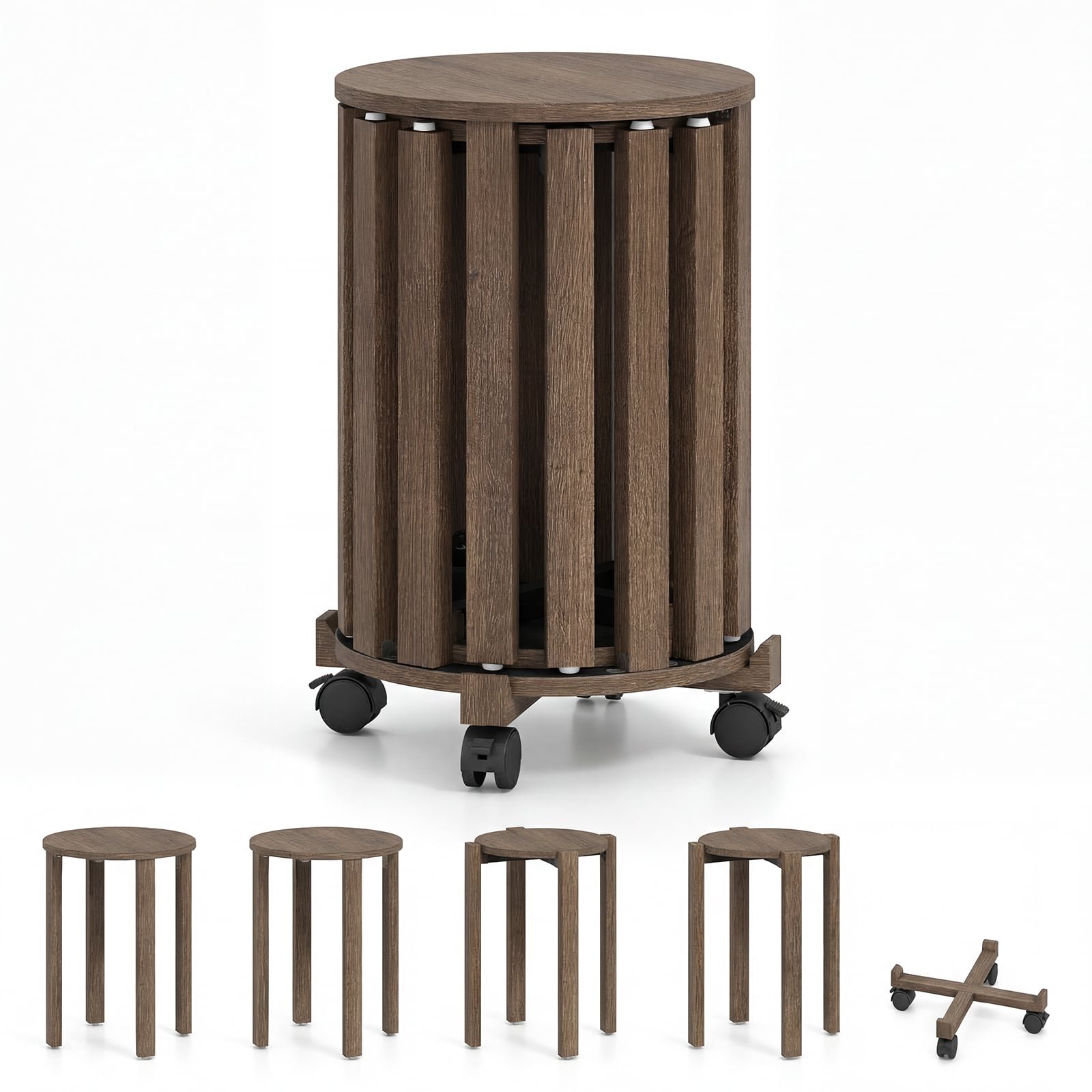 Keturių sustatomų medinių taburečių komplektas su ratukais (Riešuto)