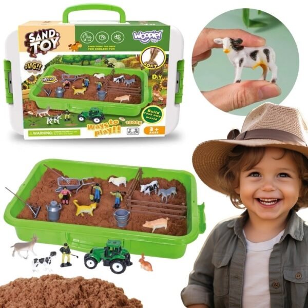 Kinetinio smėlio rinkinys ūkis lagamine su traktoriumi ir gyvūnais