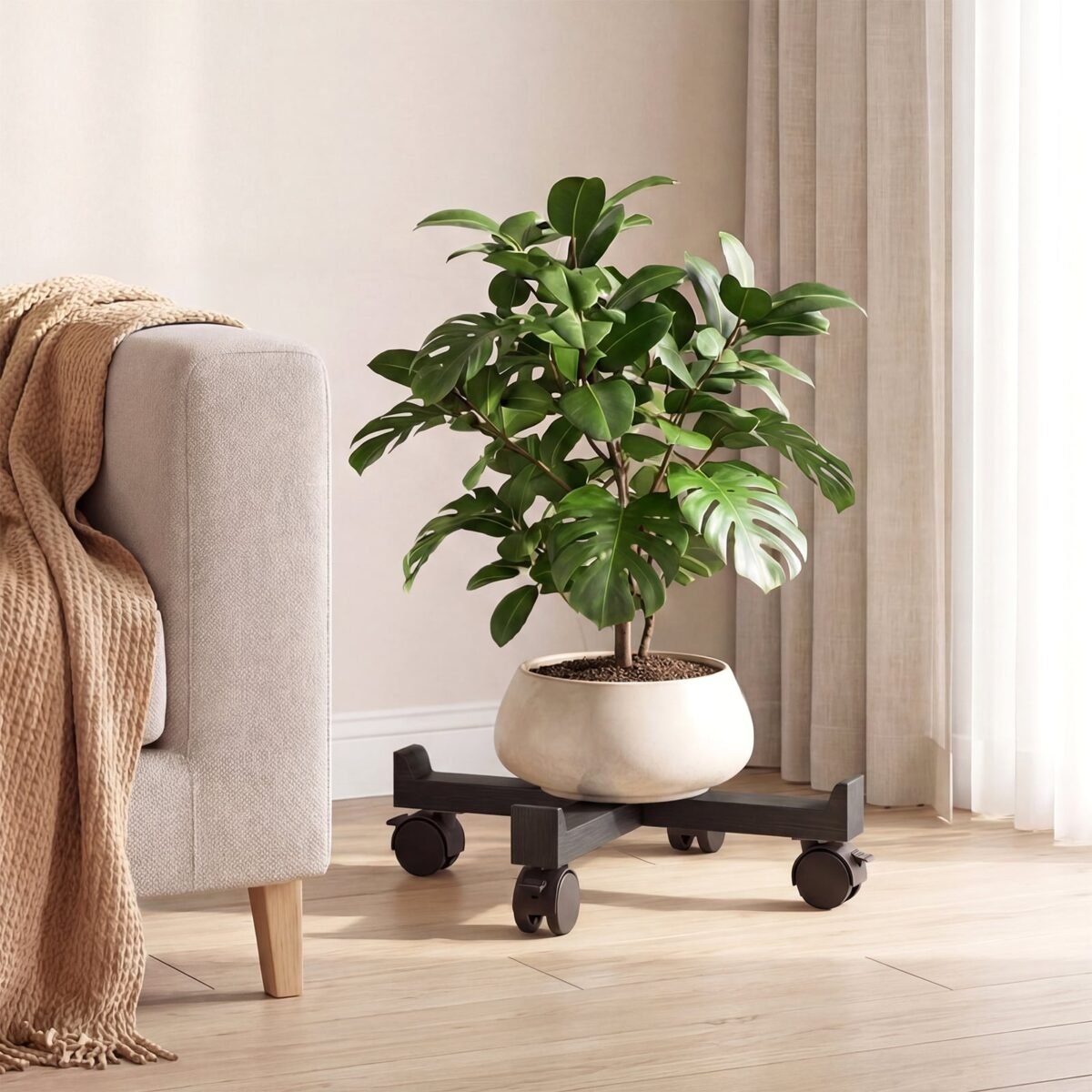 Kompaktiškas keturių medinių taburečių rinkinys su ratukų pagrindu (Juoda) – Paveikslėlis 4