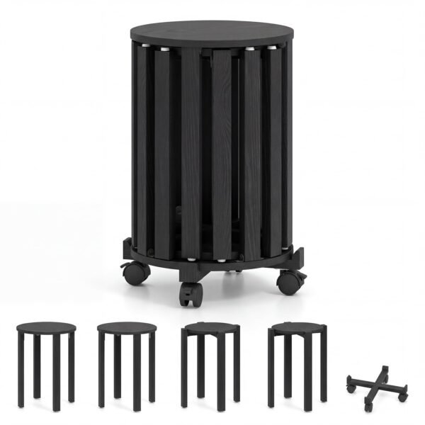 Kompaktiškas keturių medinių taburečių rinkinys su ratukų pagrindu (Juoda)