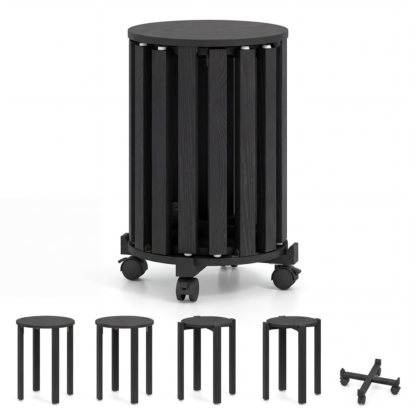 Kompaktiškas keturių medinių taburečių rinkinys su ratukų pagrindu (Juoda)