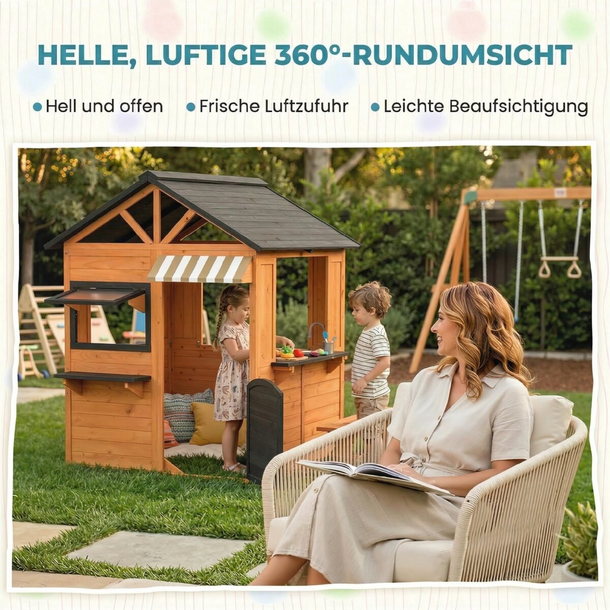 Lauko medinis žaidimų namelis su virtuvėle ir suoliuku 3-8 metų vaikams – Paveikslėlis 6