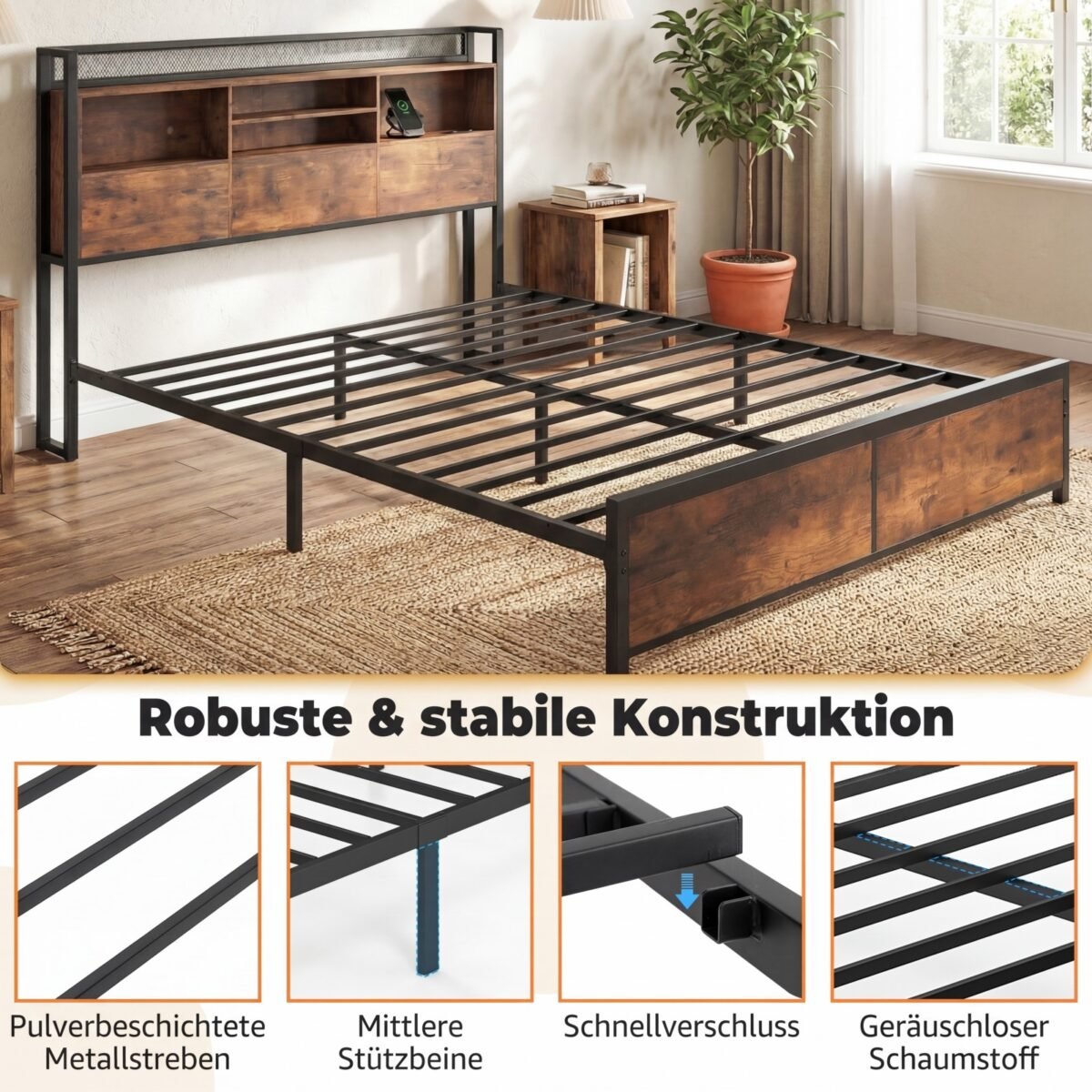 Lovos rėmas su LED apšvietimu įkrovimo stotele ir daiktų saugykla (Kaimiška ruda)