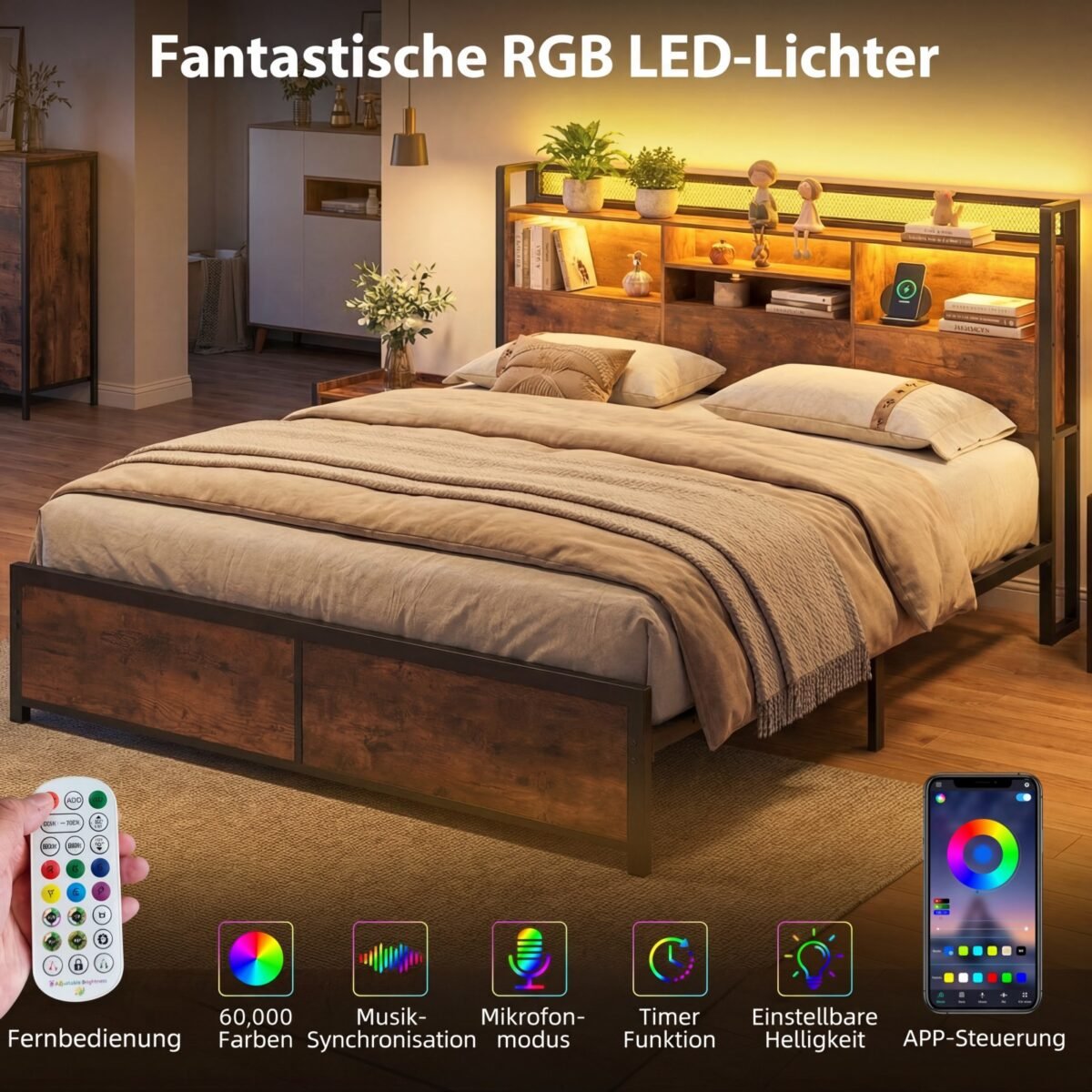 Lovos rėmas su LED apšvietimu įkrovimo stotele ir daiktų saugykla (Kaimiška ruda) – Paveikslėlis 2