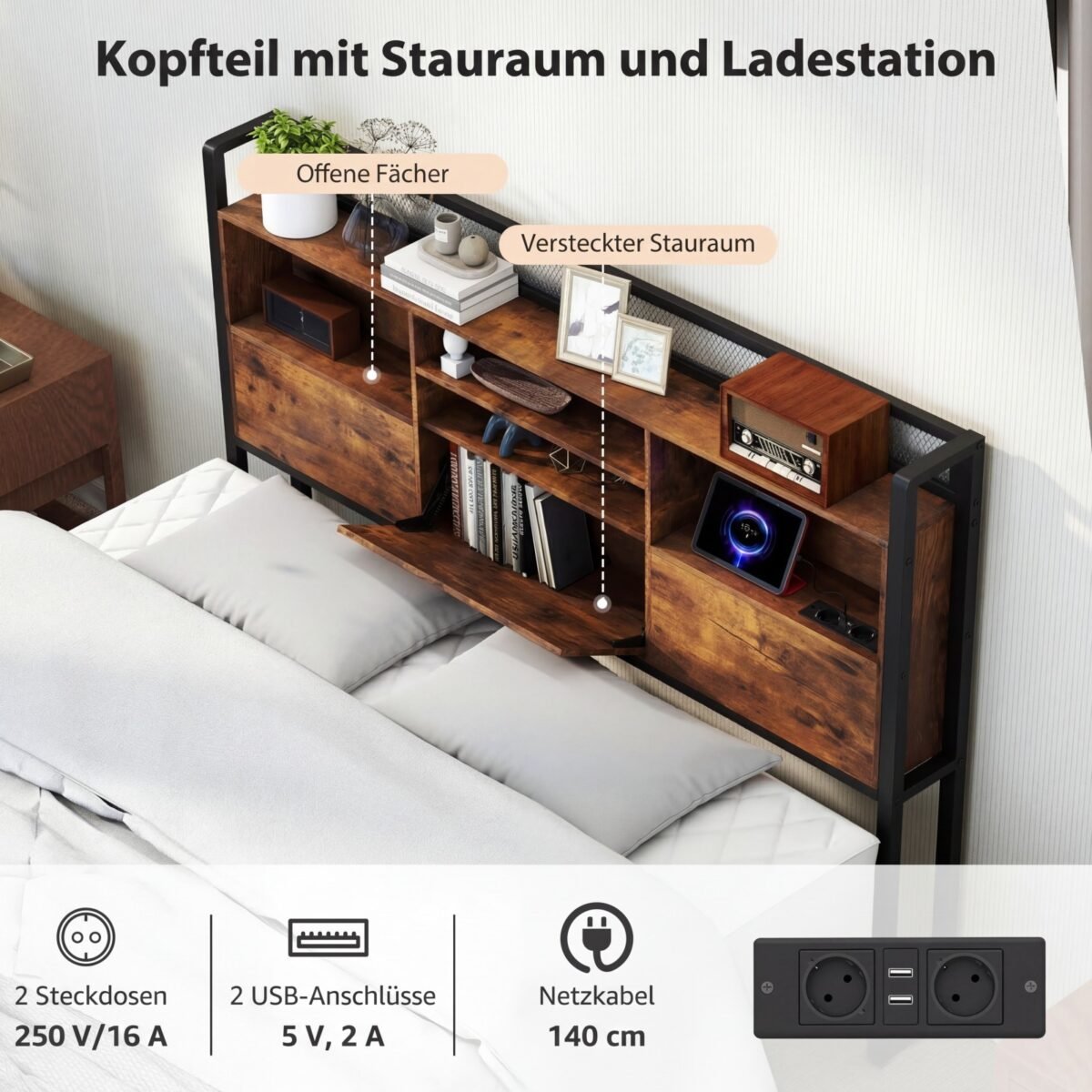 Lovos rėmas su LED apšvietimu įkrovimo stotele ir daiktų saugykla (Kaimiška ruda) – Paveikslėlis 3