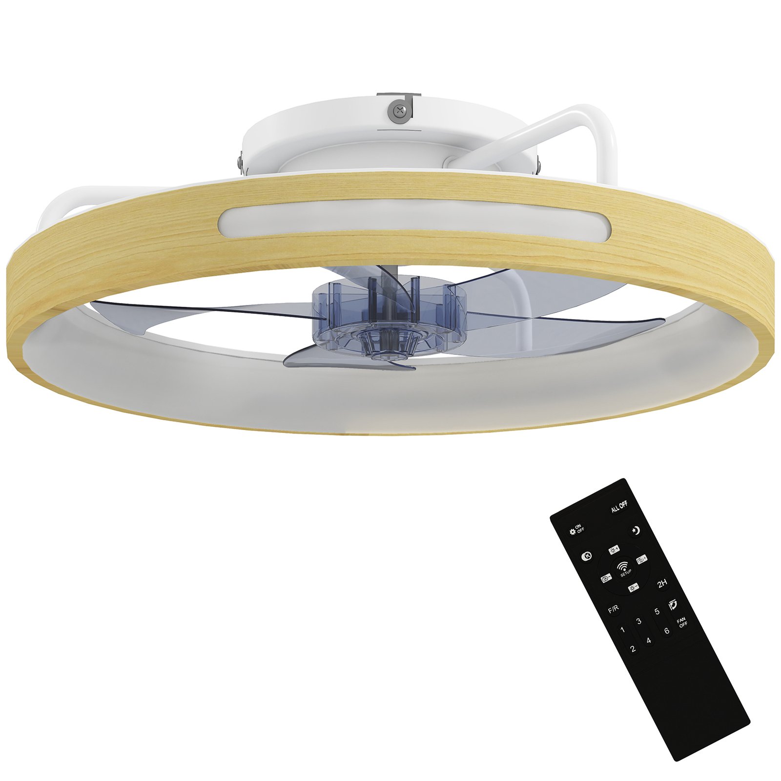 Lubinis ventiliatorius su trijų spalvų temperatūros šviesa ir grįžtamuoju varikliu