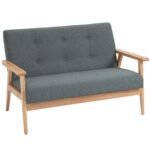 Maža dvivietė sofa su lino imitacijos apmušalais ir sagomis puoštu atlošu