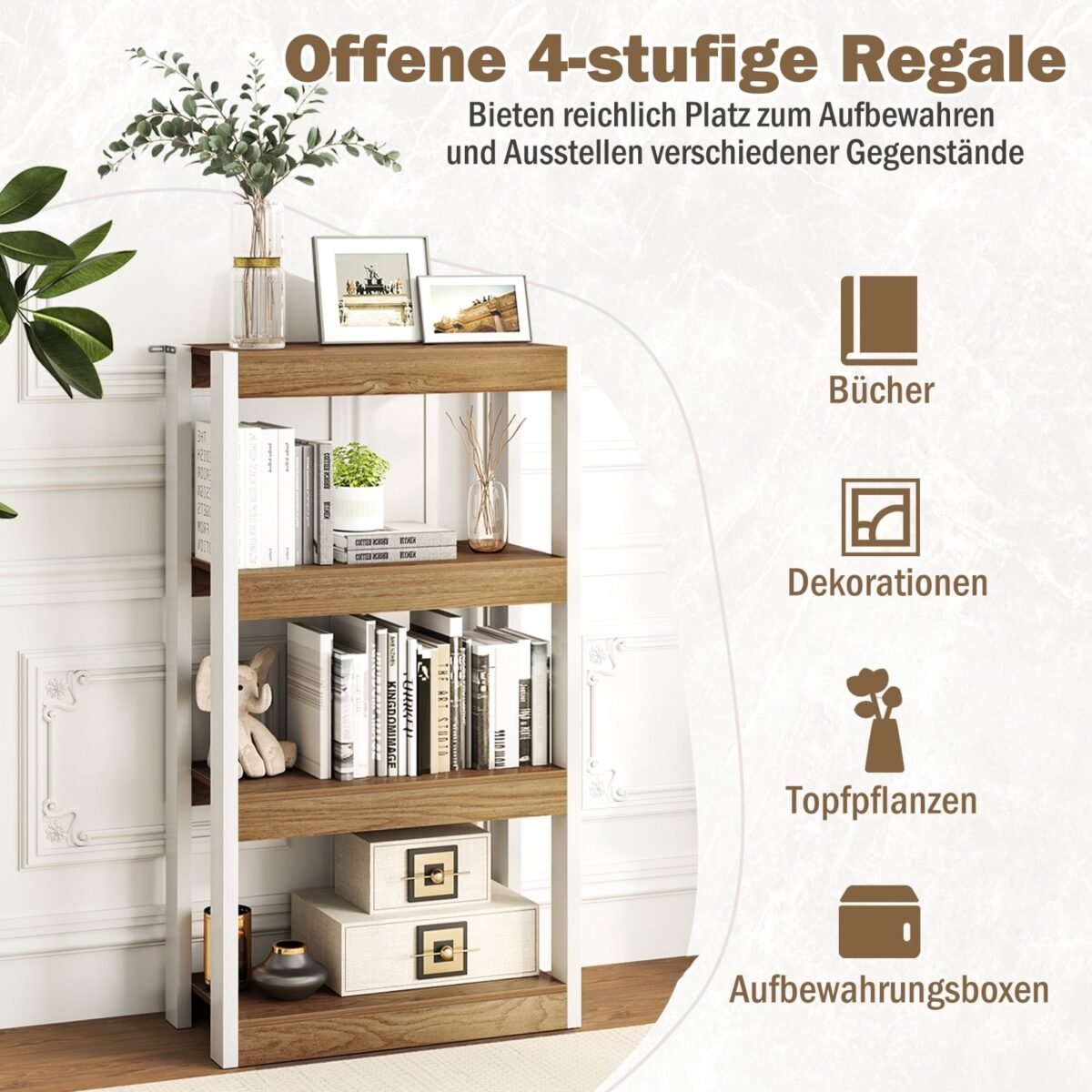 Medinė 4 lygių knygų lentyna su apsauga nuo apvirtimo (Natūrali) – Paveikslėlis 4