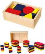 Medinė geometrinių figūrų dėlionė su dėžute