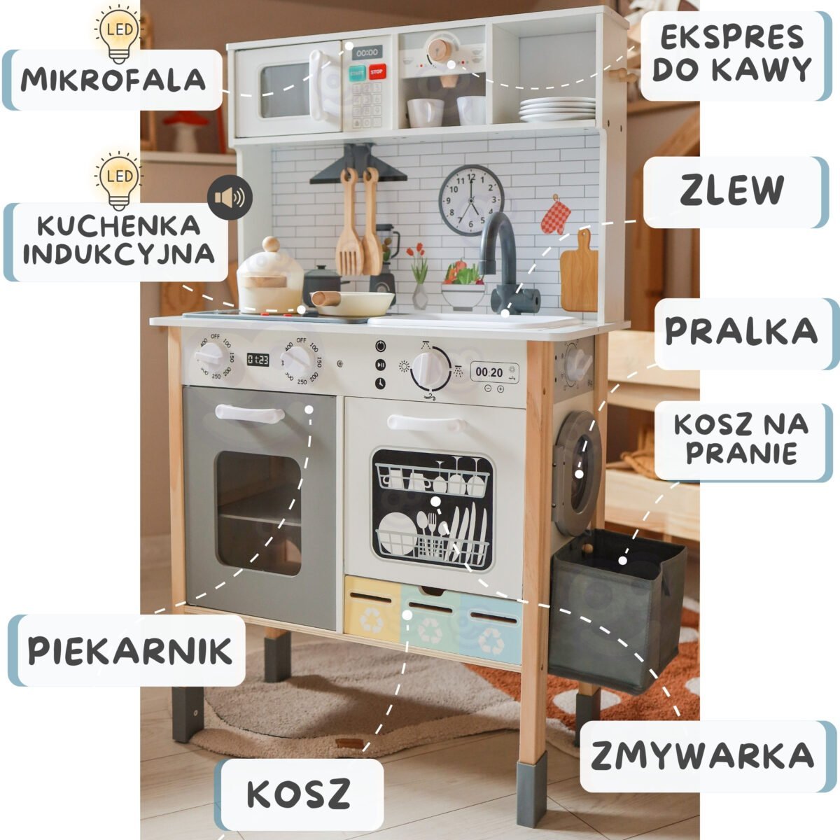 Medinė interaktyvi virtuvėlė 9 viename su skalbykle ir kreidine lenta – Paveikslėlis 3
