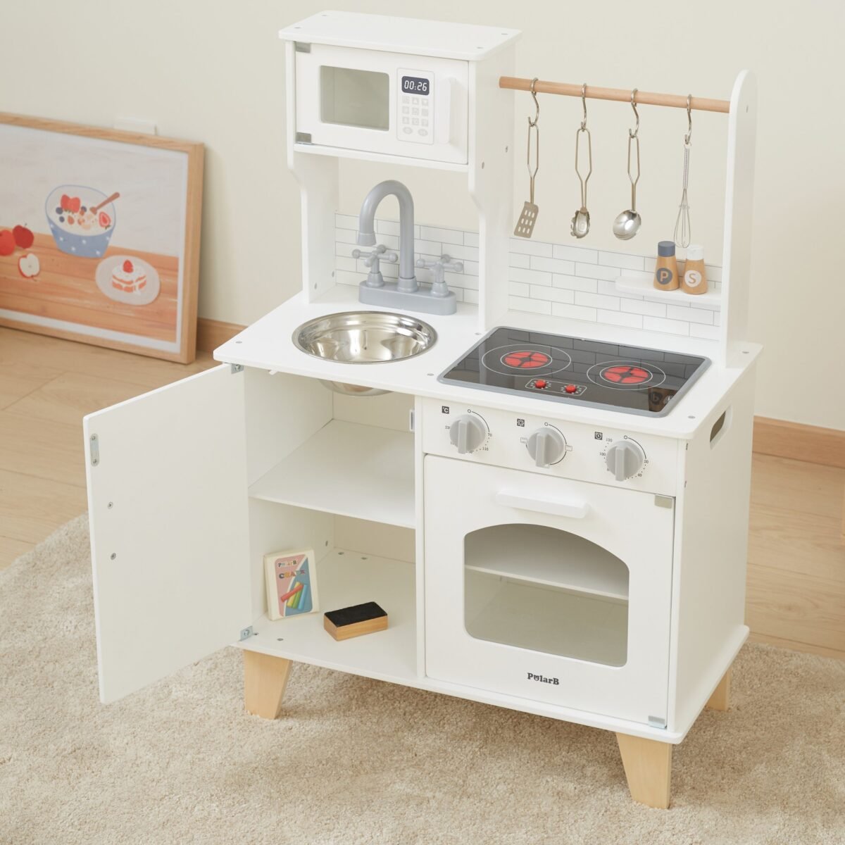 Medinė interaktyvi virtuvėlė su kreidine lenta ir virtuvės priedais – Paveikslėlis 3