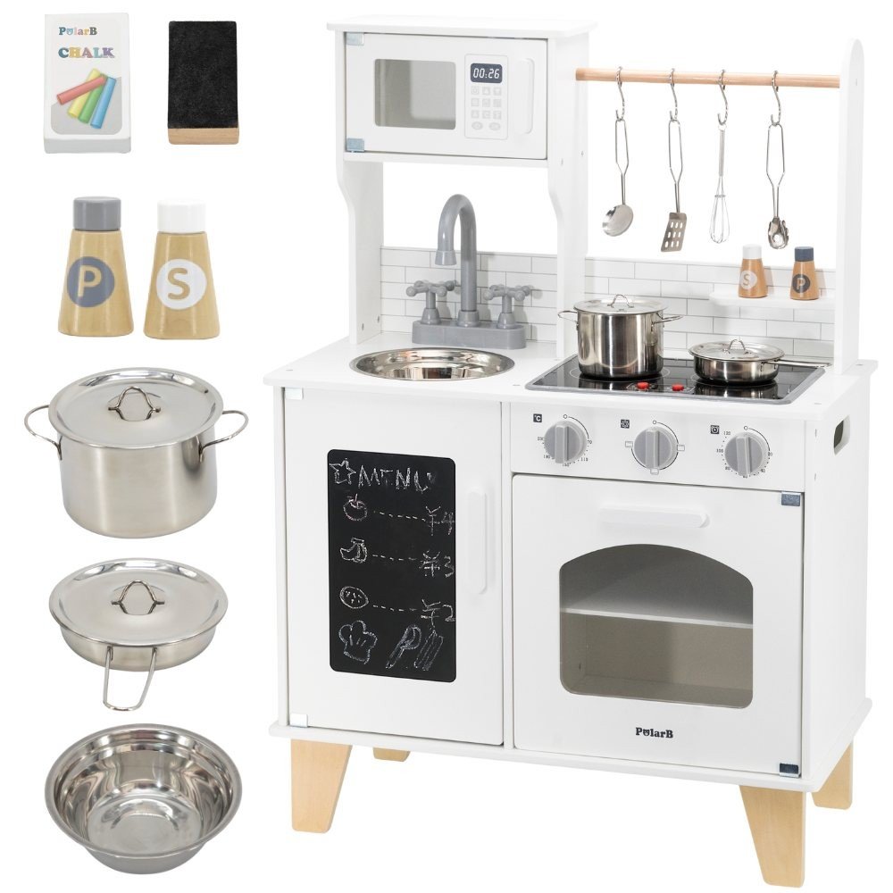 Medinė interaktyvi virtuvėlė su kreidine lenta ir virtuvės priedais