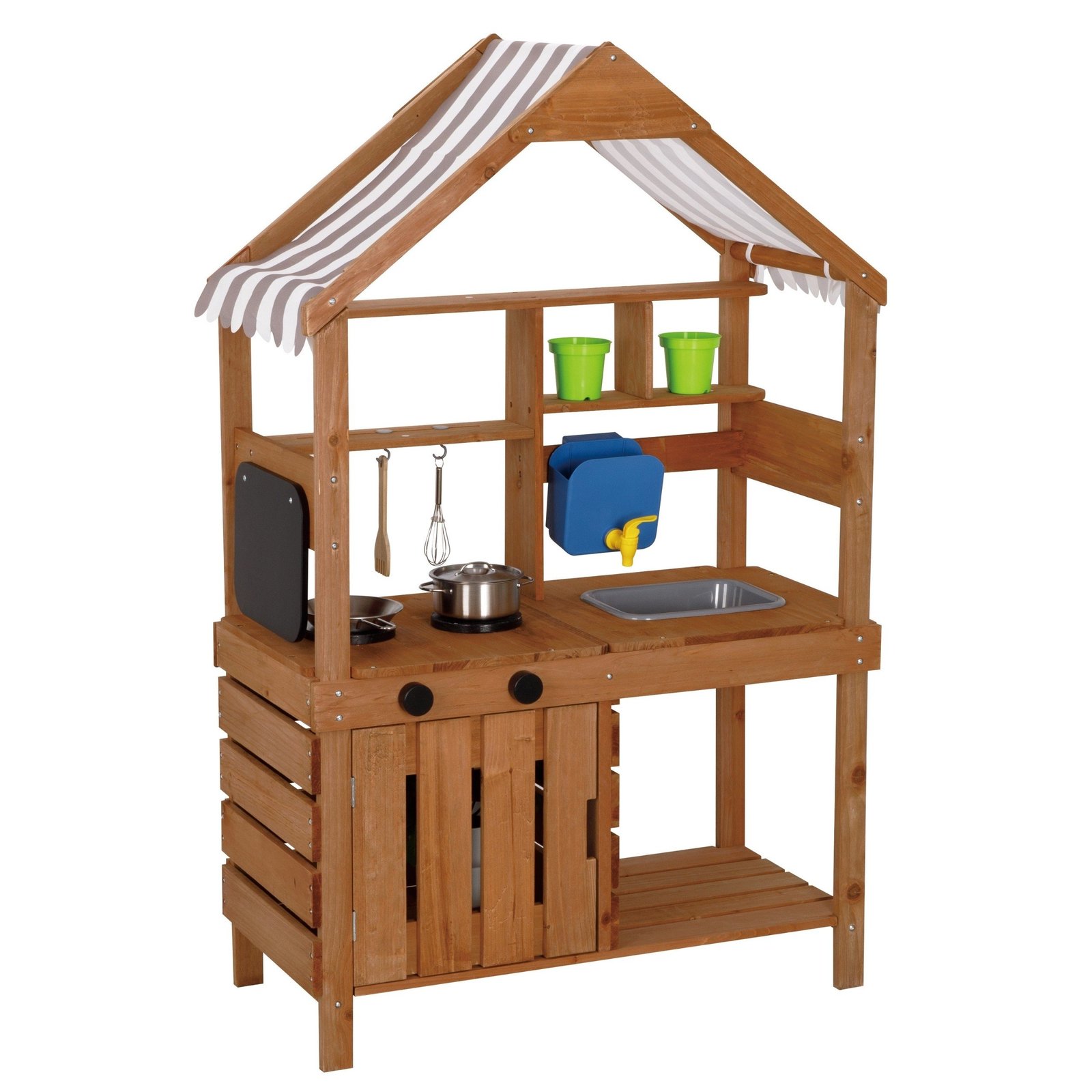 Medinė lauko purvo virtuvėlė su stogeliu, kriaukle ir kraneliu