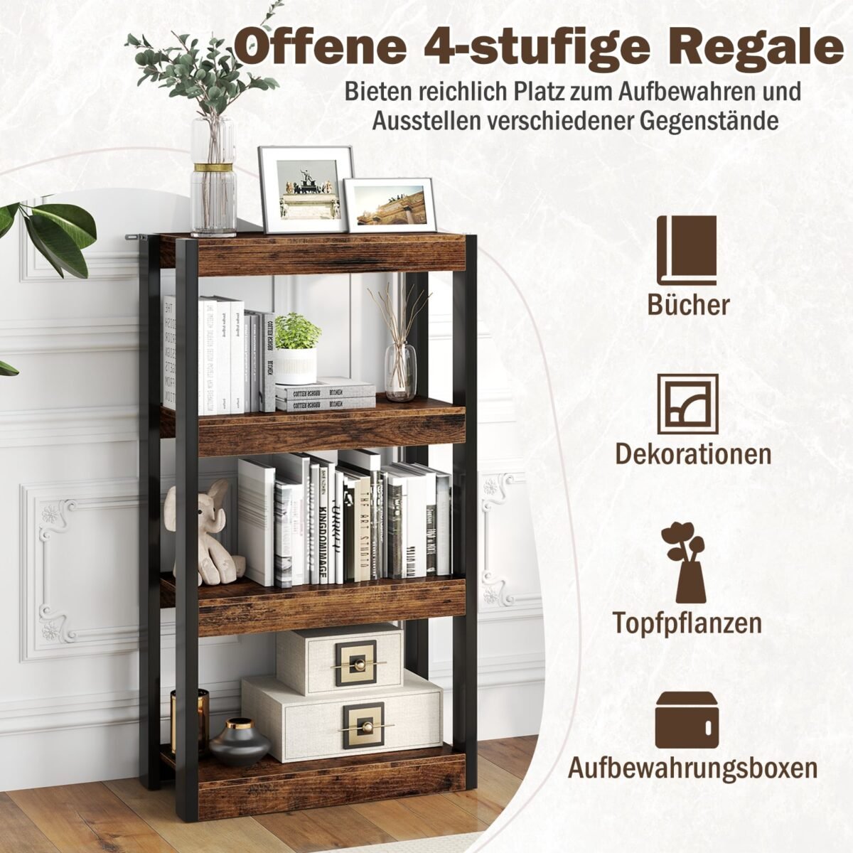 Medinė pastatoma 4 lygių lentyna su apsauga nuo apvirtimo (Ruda) – Paveikslėlis 4