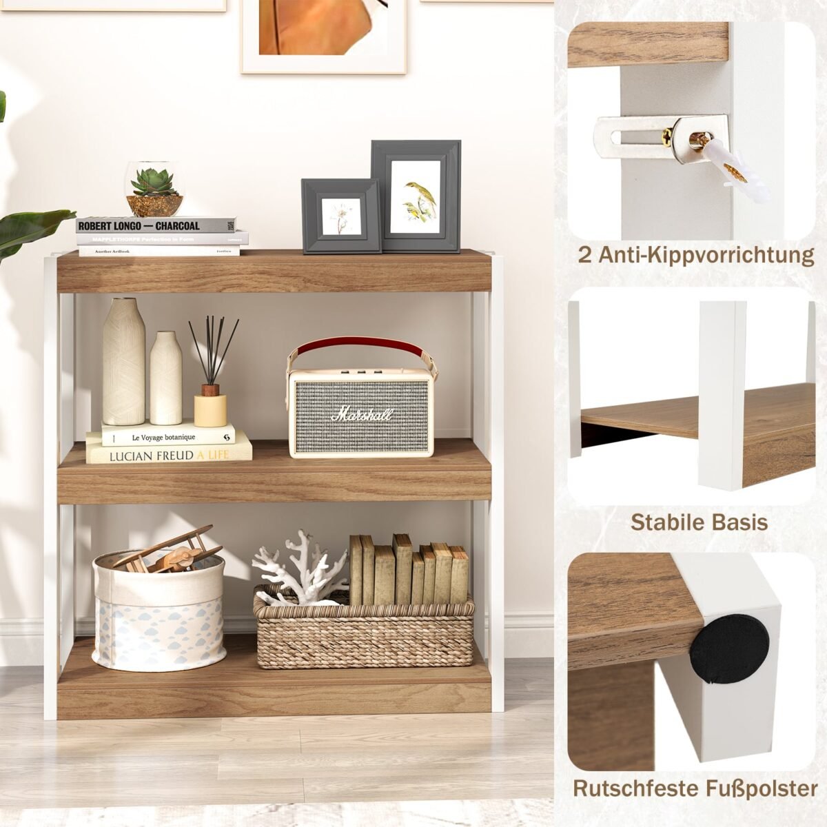 Medinė trijų lentynų knygų lentyna su apsauga nuo apvirtimo (Natūrali) – Paveikslėlis 3