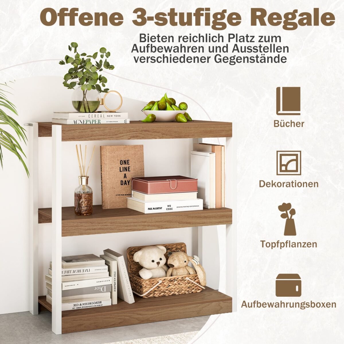 Medinė trijų lentynų knygų lentyna su apsauga nuo apvirtimo (Natūrali) – Paveikslėlis 4