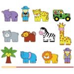 Medinės vėrimo kaladėlės Safari ir zoologijos sodo gyvūnai