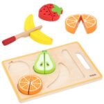 Medinis Montessori pjaustomų vaisių rinkinys su peiliuku ir lentele