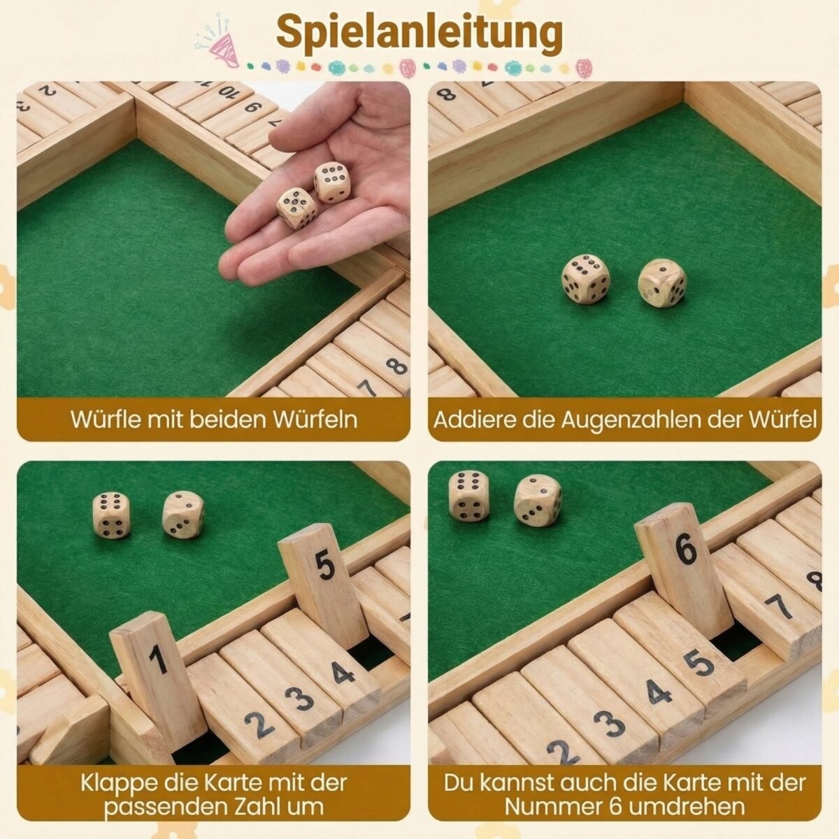Medinis kauliukų žaidimas Shut the Box 2-4 žaidėjams (Natūrali) – Paveikslėlis 5