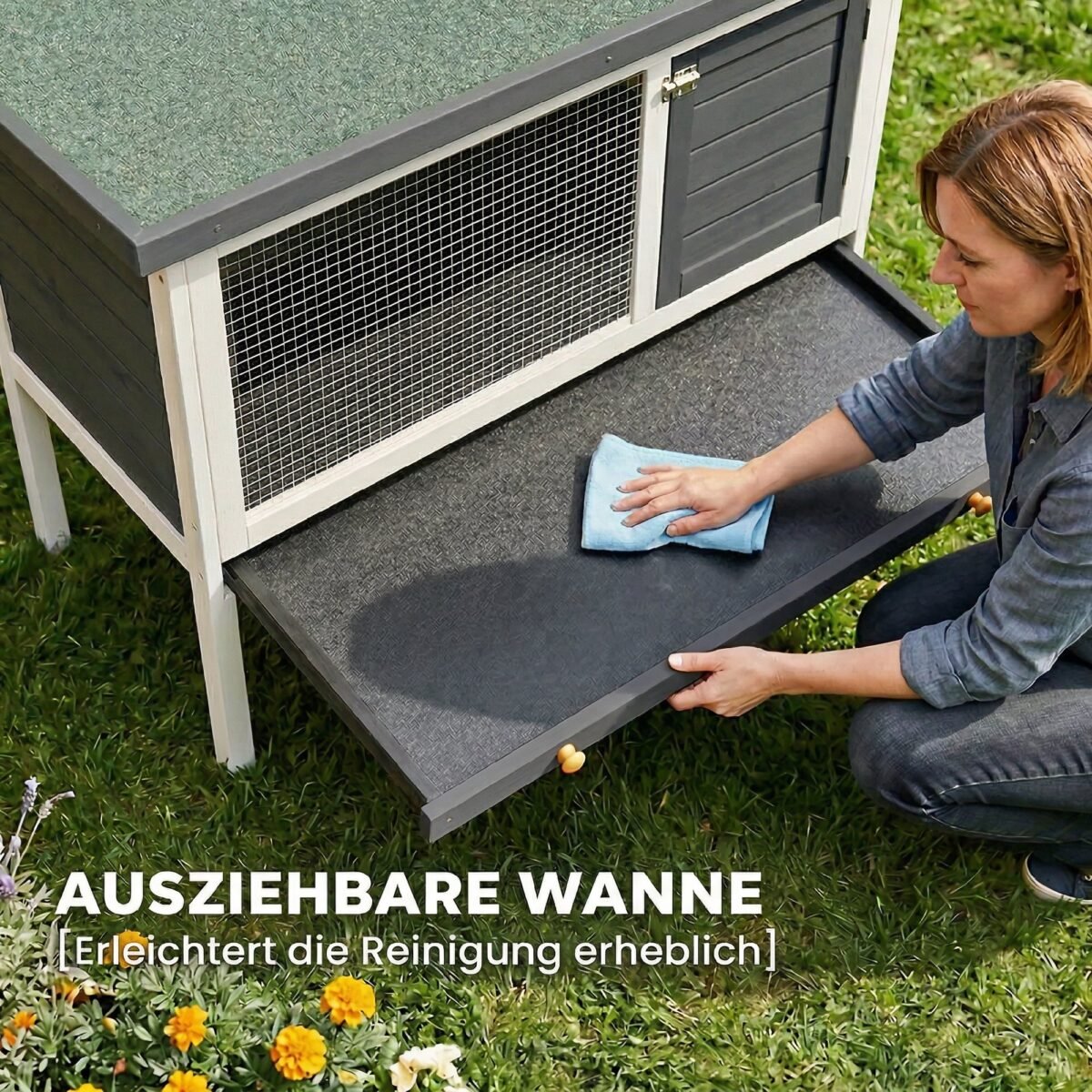 Medinis paaukštintas triušių namelis su ištraukiamu stalčiumi – Paveikslėlis 6