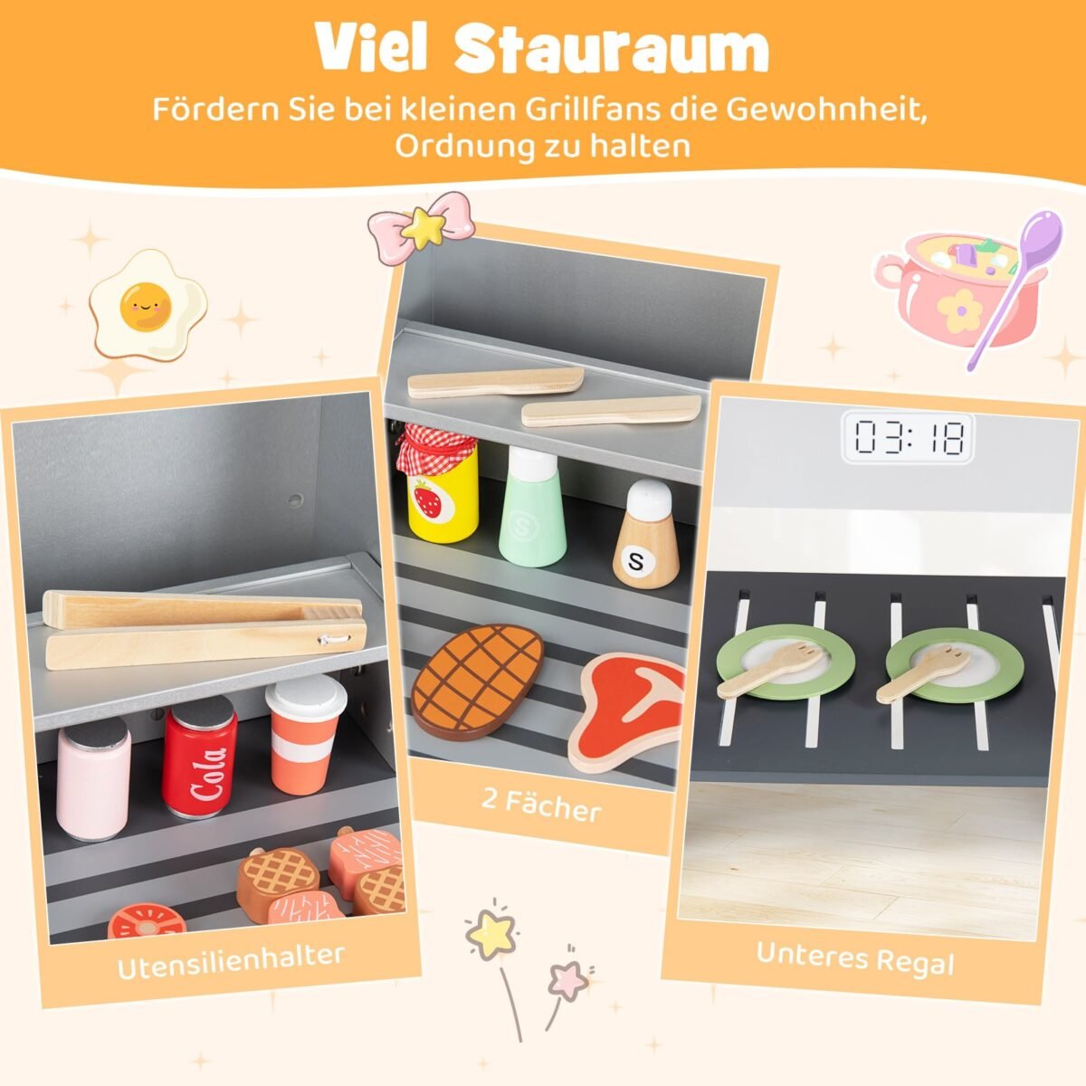 Medinis vaikiškas BBQ grilio žaislas su priedais (Pilka) – Paveikslėlis 4