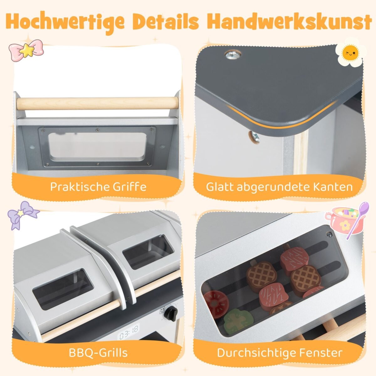 Medinis vaikiškas BBQ grilio žaislas su priedais (Pilka) – Paveikslėlis 5