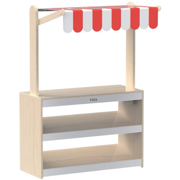 Medinis žaidimų prekystalis su dryžuotu stogeliu ir lentynomis