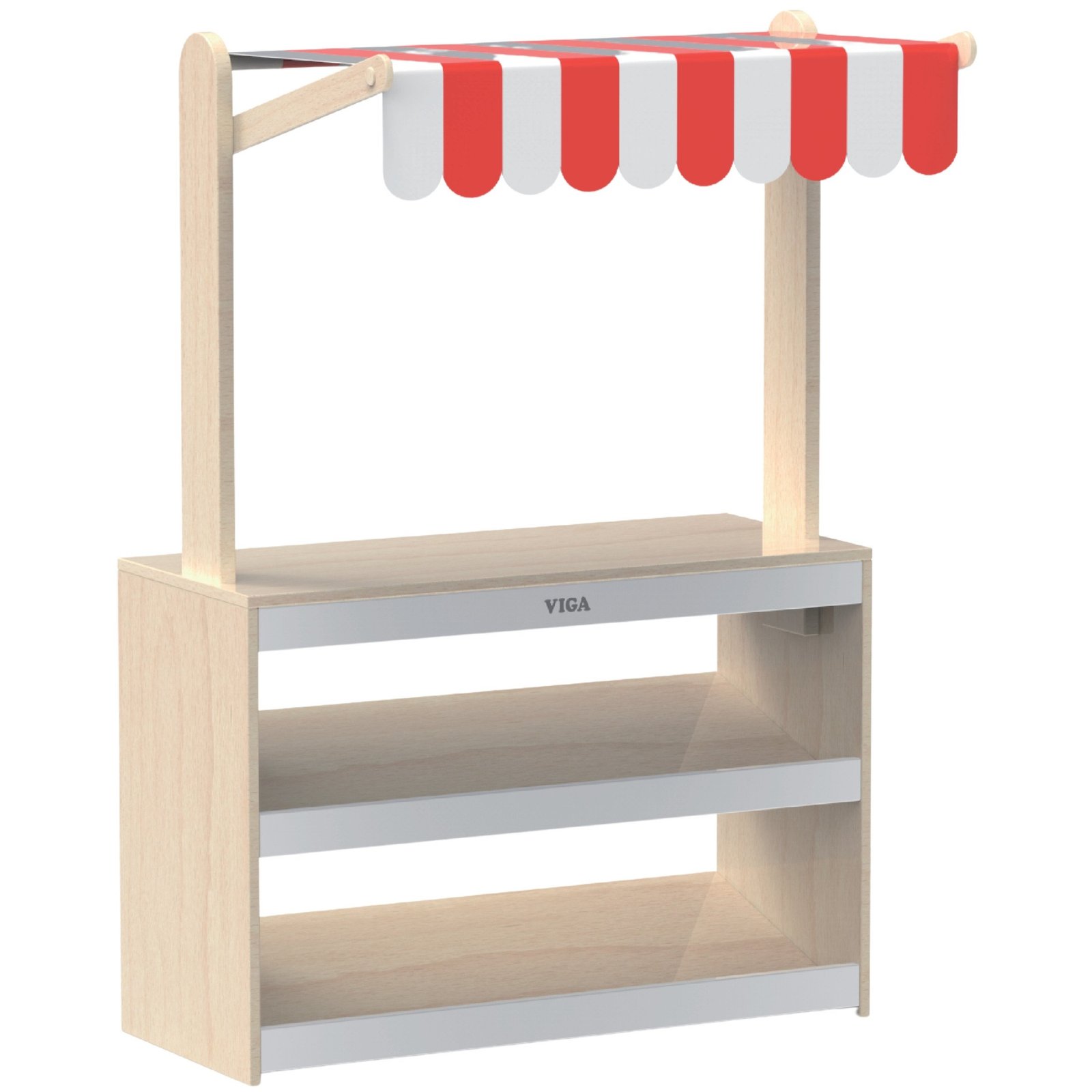 Medinis žaidimų prekystalis su dryžuotu stogeliu ir lentynomis