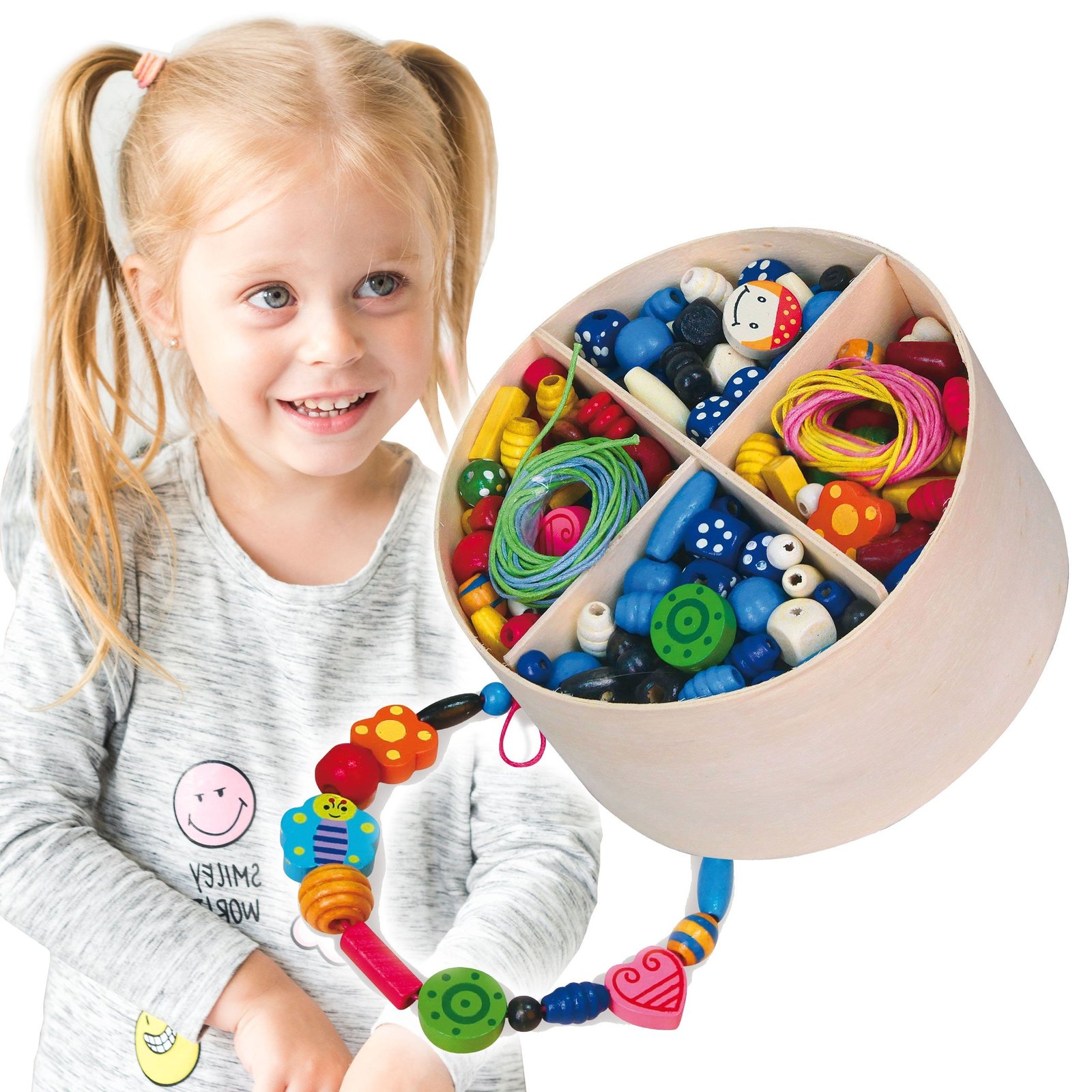 Medinių karoliukų vėrimo rinkinys su dėžute ir 600 karoliukų