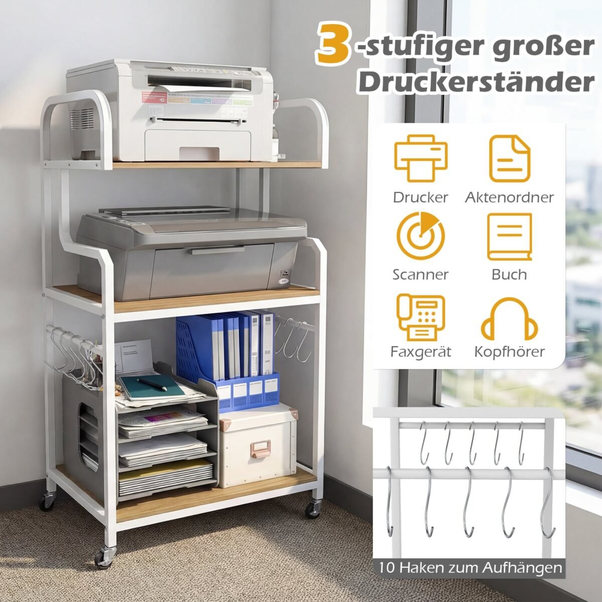 Mobilus trijų aukštų spausdintuvo staliukas su patogia saugykla biurui (Natūrali + Balta) – Paveikslėlis 3