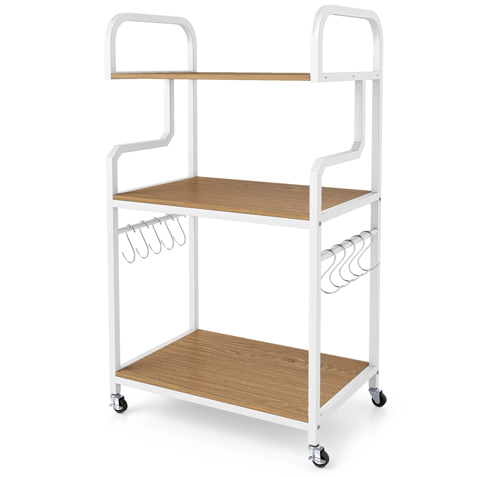 Mobilus Trijų Aukštų Spausdintuvo Staliukas su Patogia Saugykla Biurui (Natūrali + Balta)