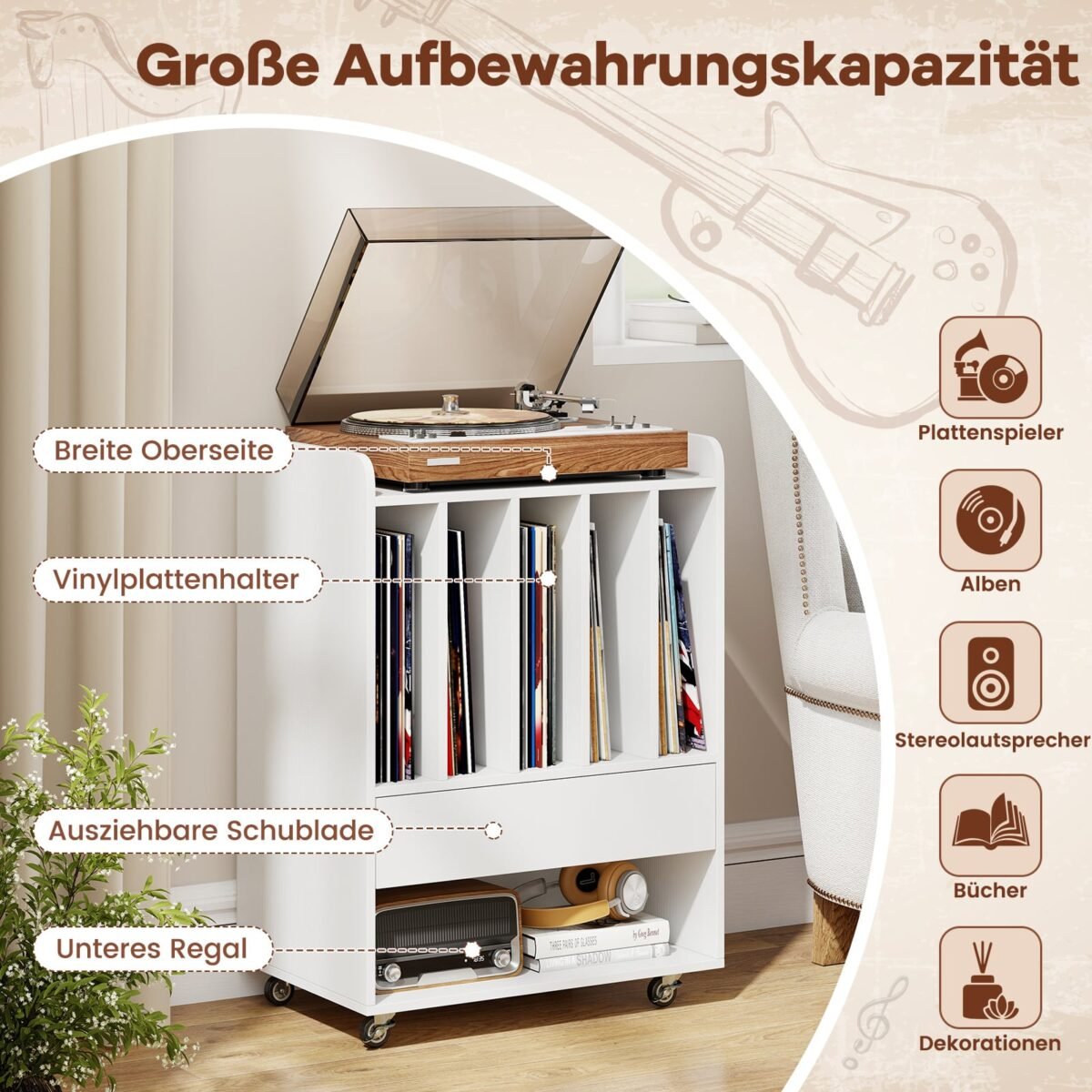 Mobilus plokštelių grotuvo staliukas su vinilinių plokštelių saugykla (Balta) – Paveikslėlis 4