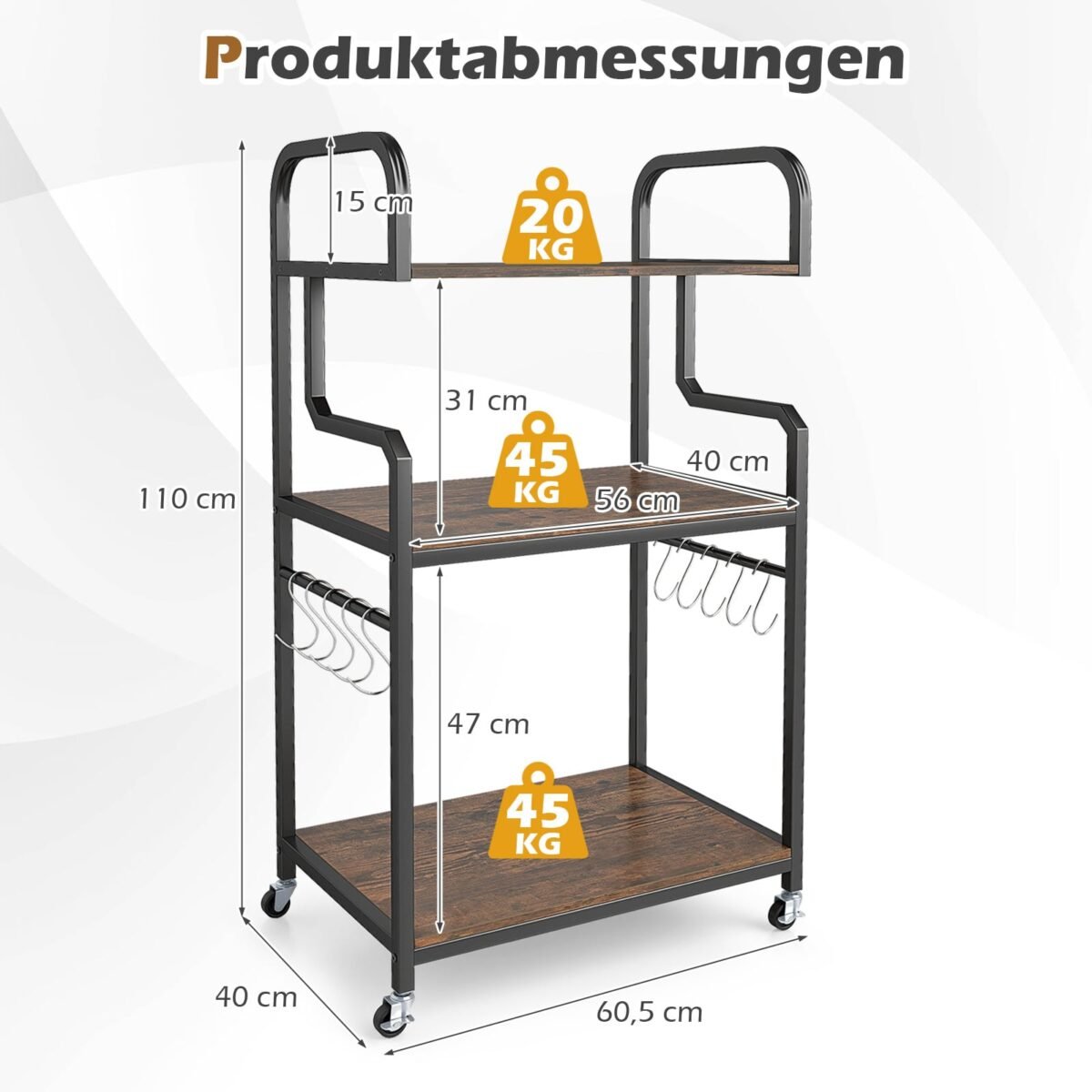 Mobilus spausdintuvo staliukas su 3 lentynomis (Ruda + Juoda) – Paveikslėlis 2