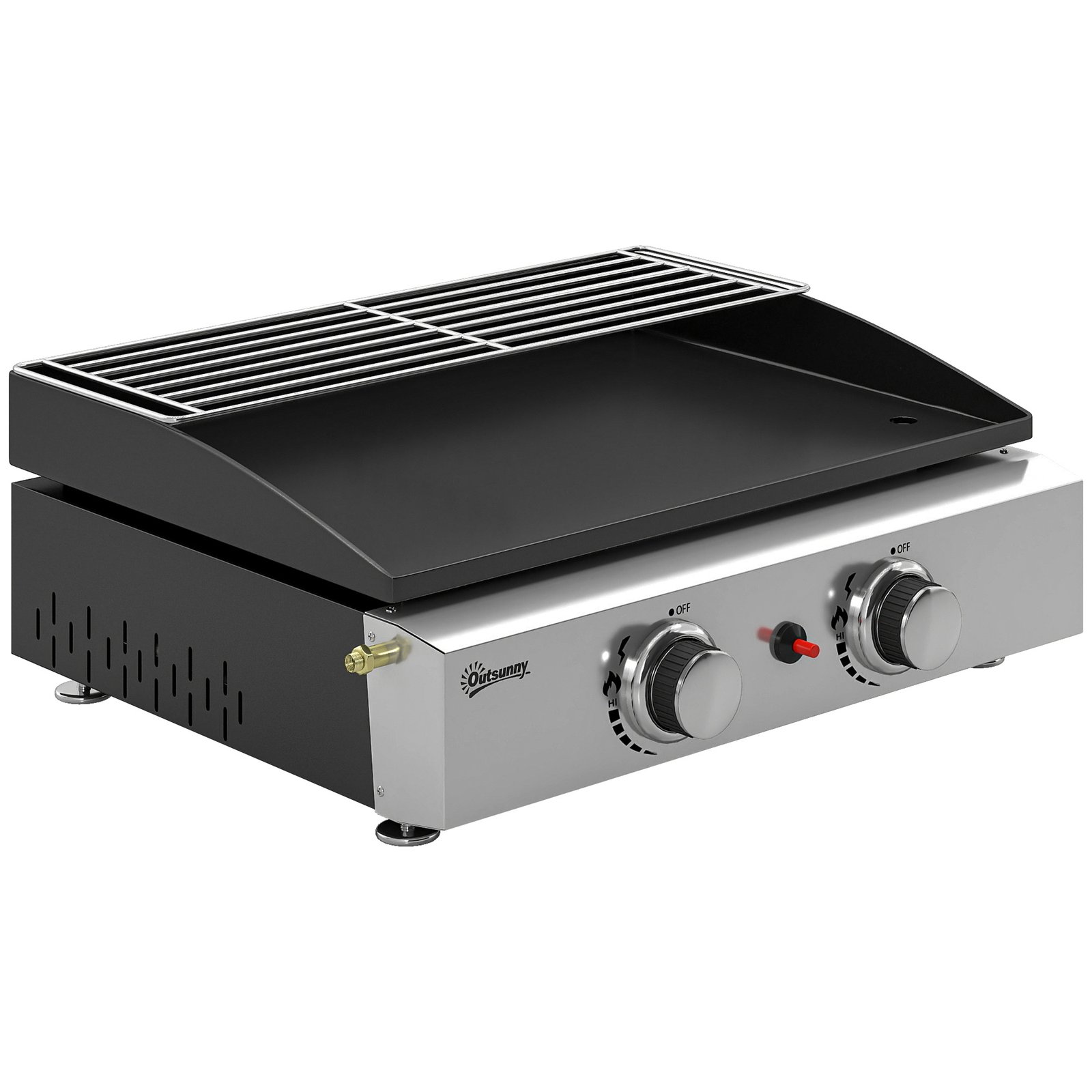 Nešiojamas stalinis dujinis grilis su 2 degikliais ir pašildymo grotelėmis