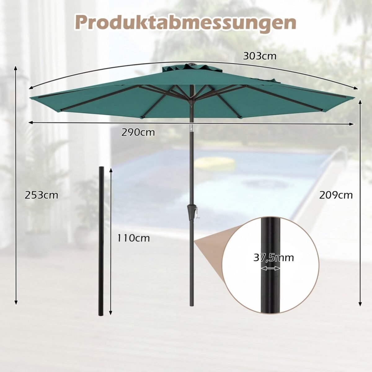 Sodo lauko skėtis su pasukama rankena ir pasvirimo funkcija Ø303 cm (Žalia) – Paveikslėlis 2