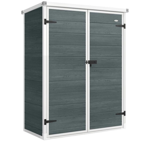 Plastikinis sandėliukas su sulankstomomis lentynomis ir rakinamomis dvigubomis stumdomomis durimis