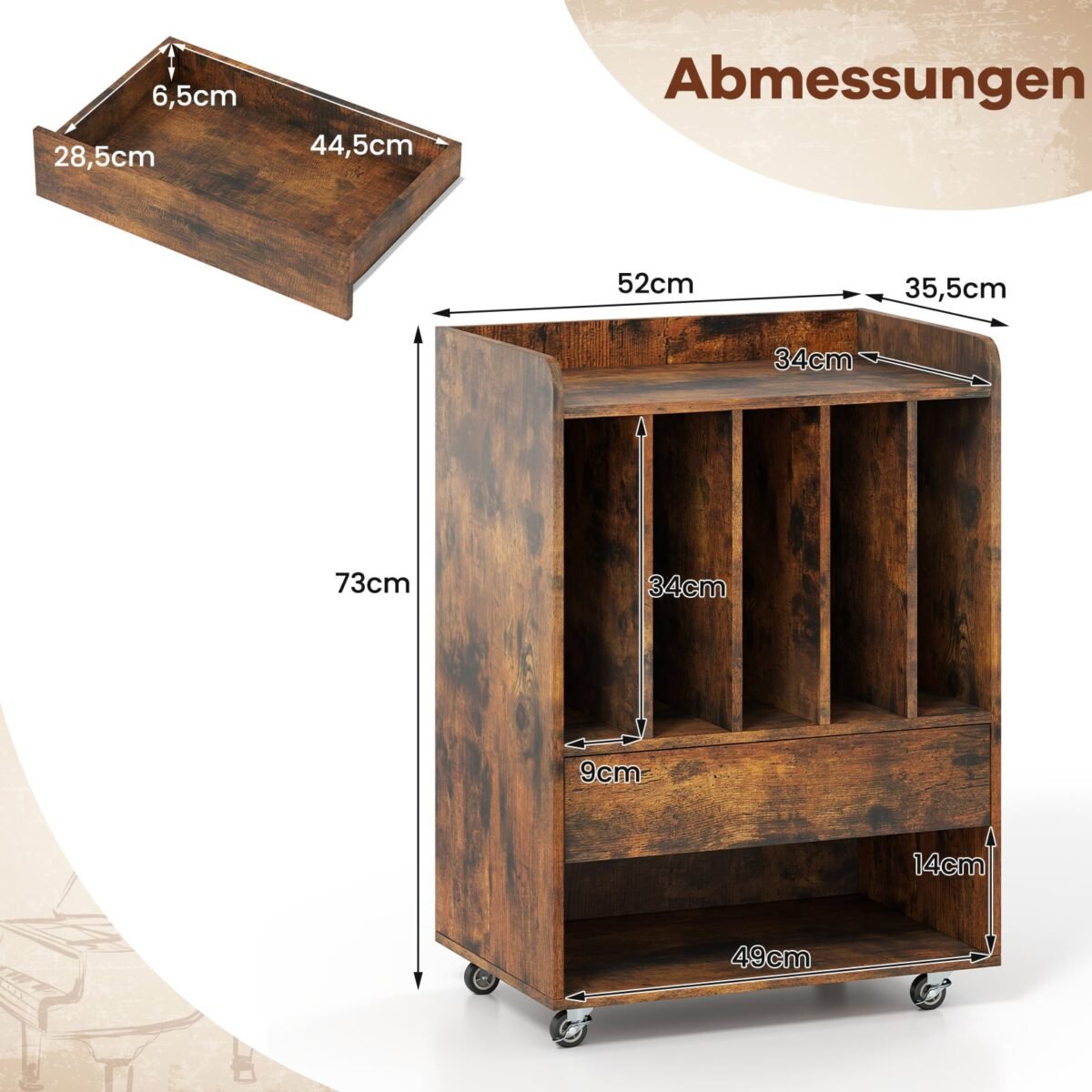 Plokštelių grotuvo staliukas su integruota plokštelių saugykla ir ratukais (Ruda) – Paveikslėlis 2