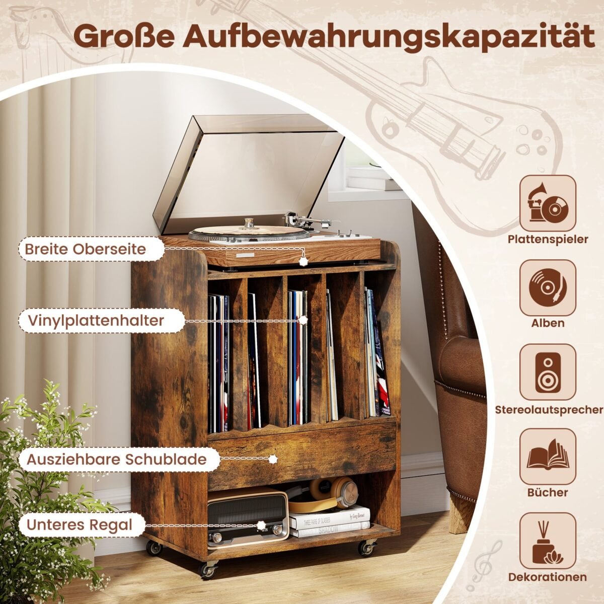 Plokštelių grotuvo staliukas su integruota plokštelių saugykla ir ratukais (Ruda) – Paveikslėlis 4