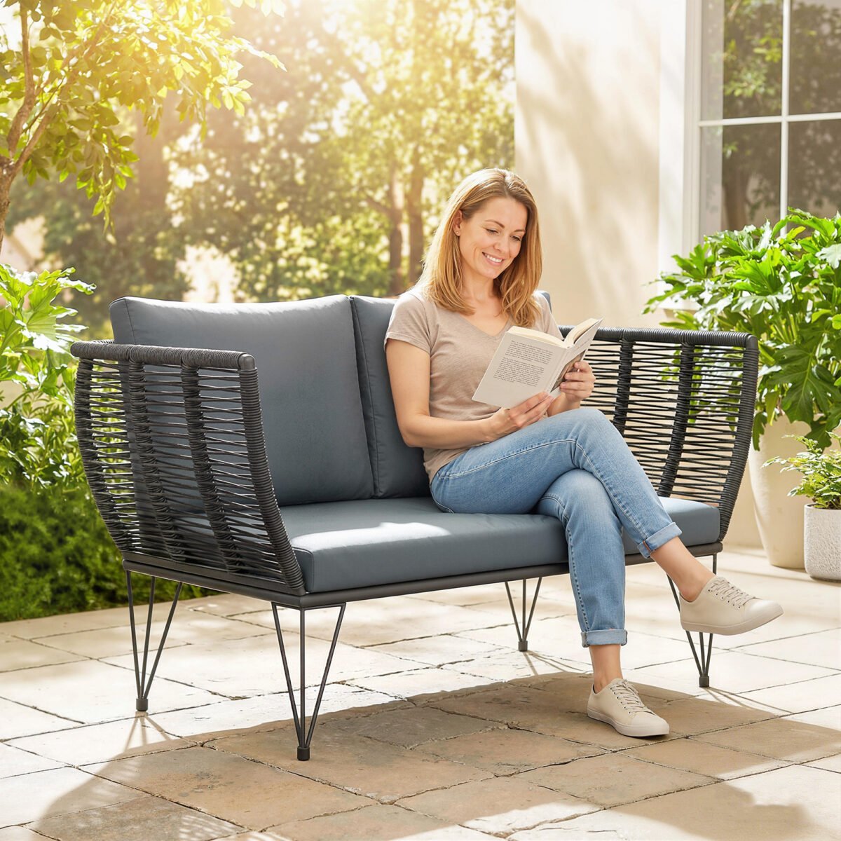 Poliratano dvivietė lauko sofa su pagalvėlėmis – Paveikslėlis 2