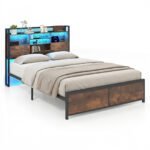 Pramoninio stiliaus dvigulė lova su LED apšvietimu įkrovimo stotele ir daiktadėže (Kaimiška ruda)