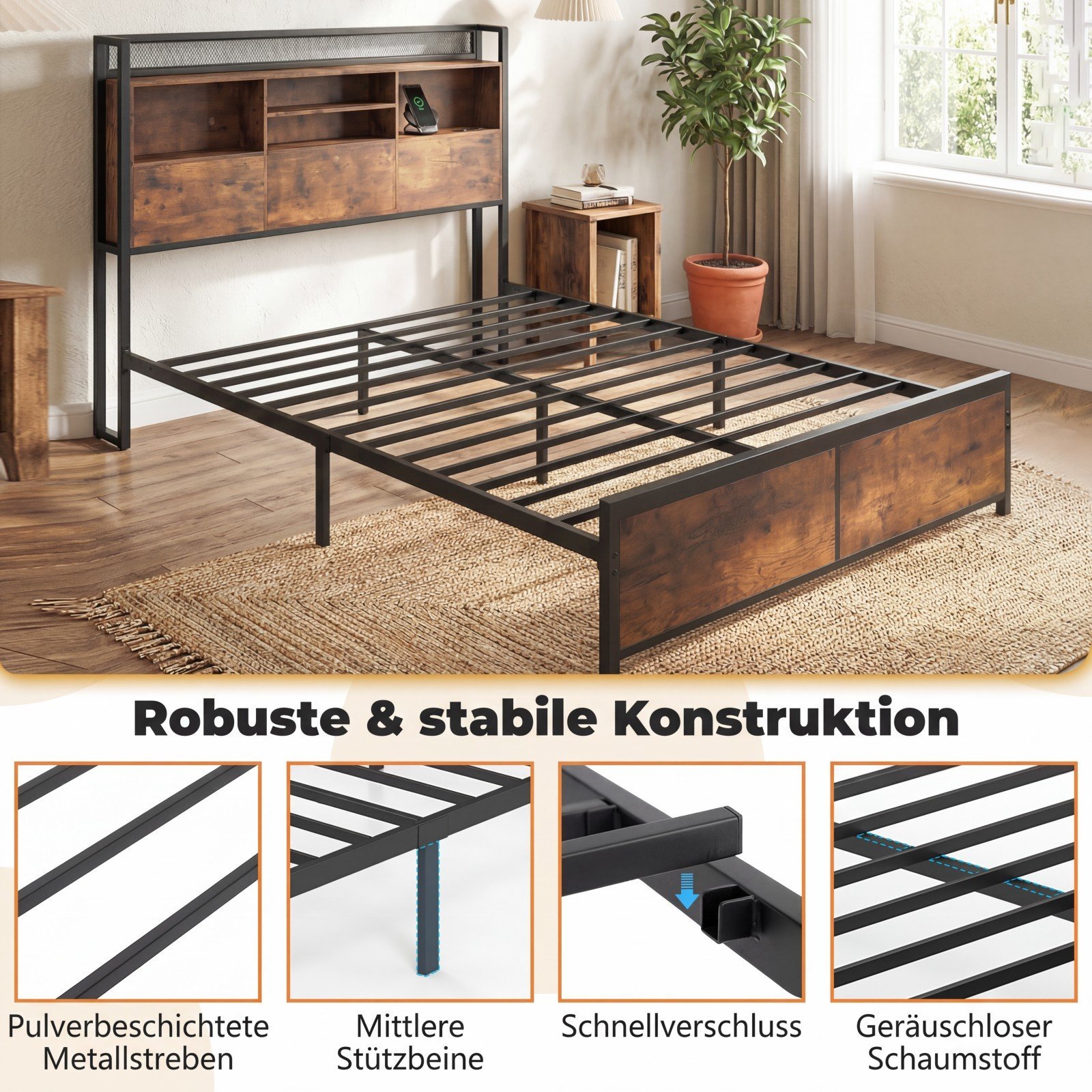 Pramoninio stiliaus dvigulė lova su LED apšvietimu įkrovimo stotele ir daiktadėže (Kaimiška ruda)