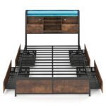 Pramoninio stiliaus lovos rėmas su LED apšvietimu įkrovimo stotele ir talpiomis daiktadėžėmis (Rūdžio spalvos ruda)