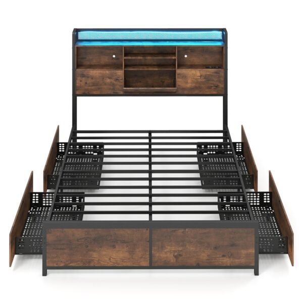 Pramoninio stiliaus lovos rėmas su LED apšvietimu įkrovimo stotele ir talpiomis daiktadėžėmis (Rūdžio spalvos ruda)