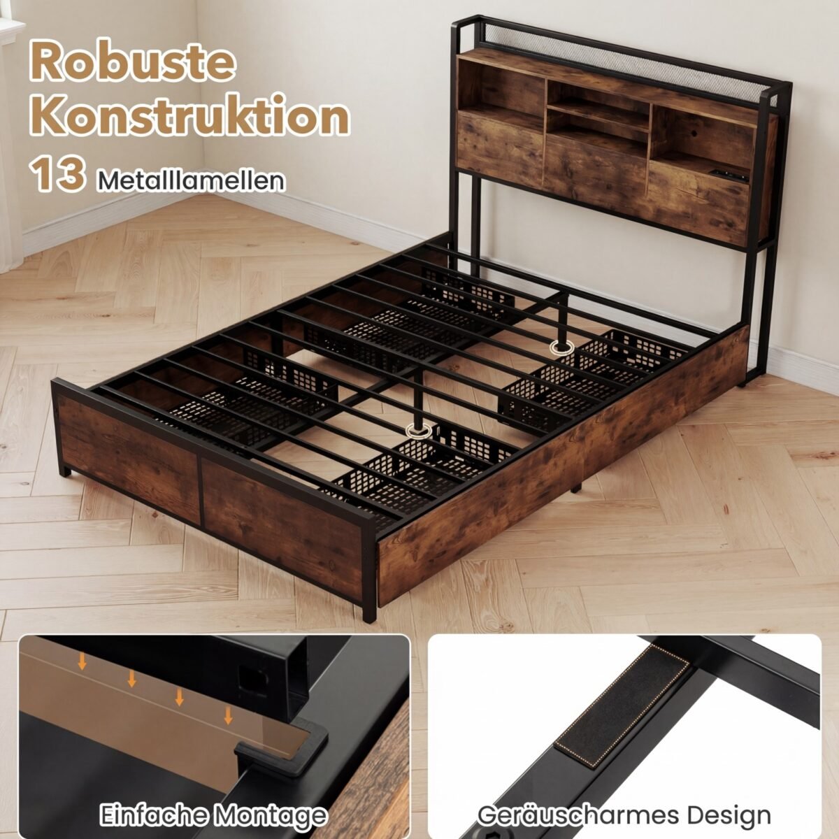 Pramoninio stiliaus lovos rėmas su LED apšvietimu įkrovimo stotele ir talpiomis daiktadėžėmis (Rūdžio spalvos ruda) – Paveikslėlis 5