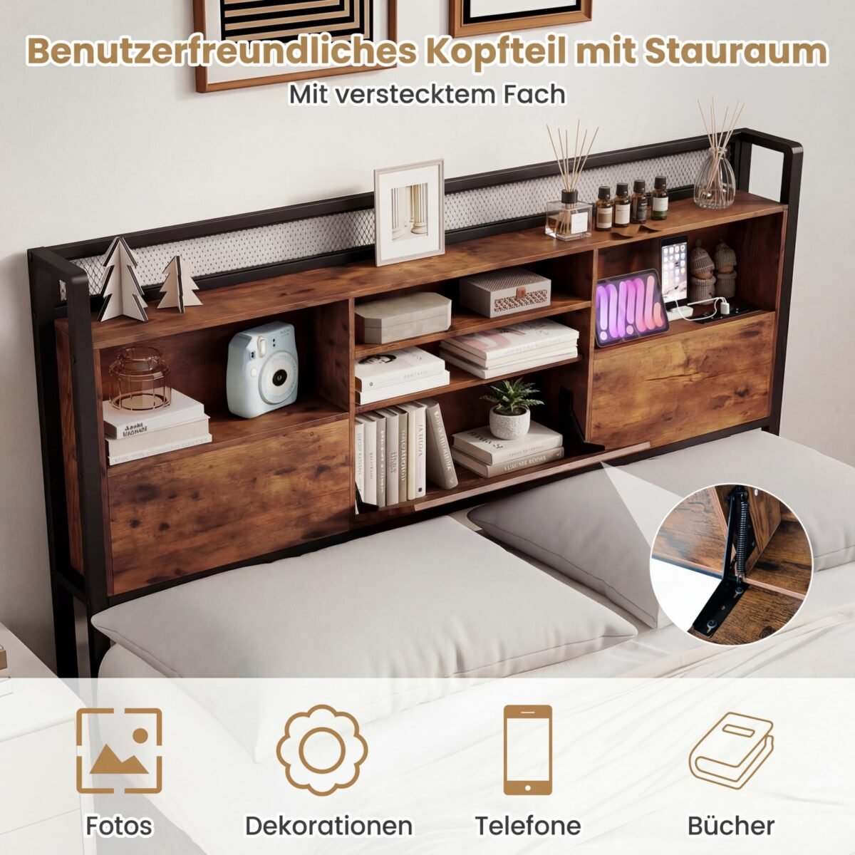 Pramoninio stiliaus lovos rėmas su LED apšvietimu įkrovimo stotele ir talpiomis daiktadėžėmis (Rūdžio spalvos ruda) – Paveikslėlis 4