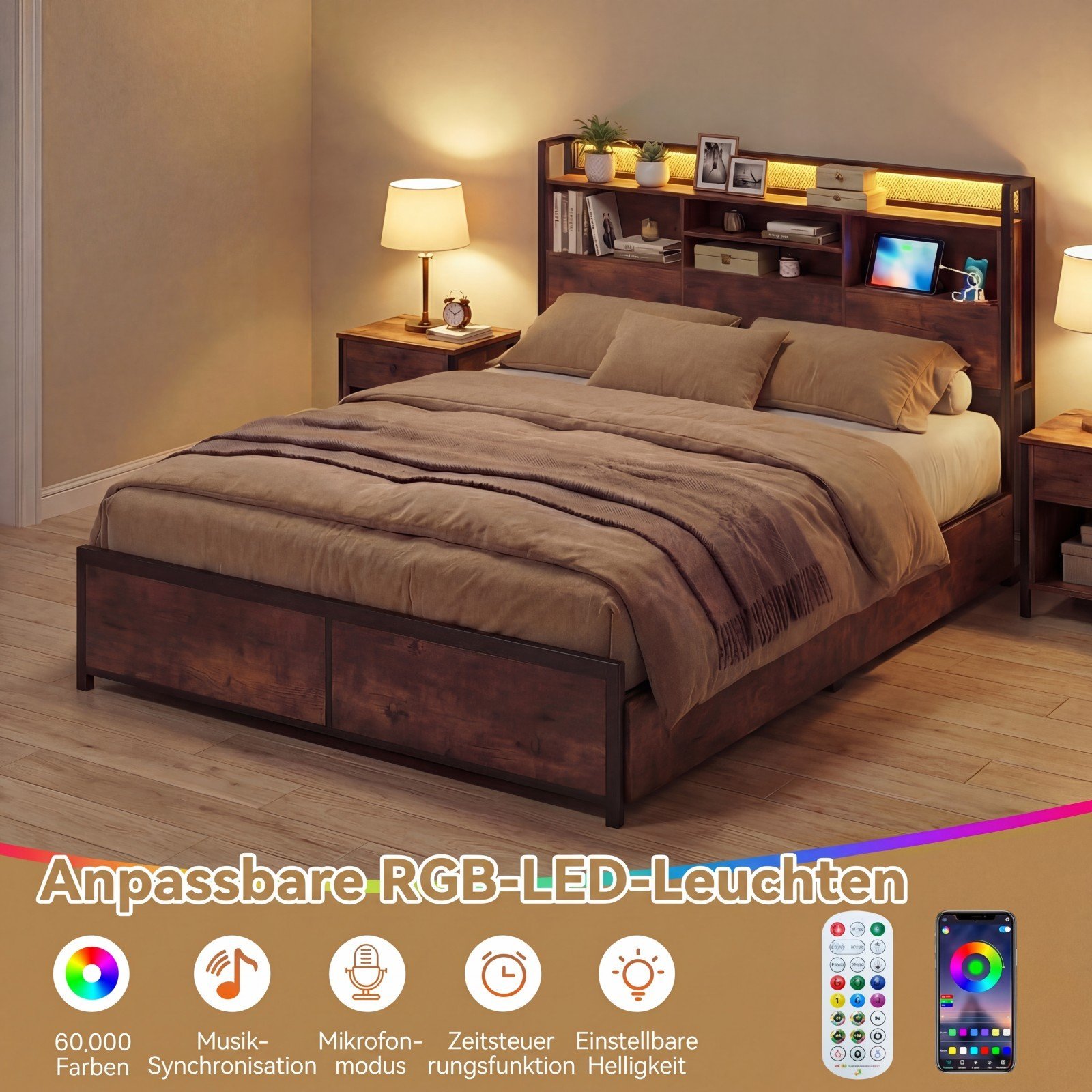 Pramoninio stiliaus lovos rėmas su LED apšvietimu įkrovimo stotele ir talpiomis daiktadėžėmis (Rūdžio spalvos ruda)