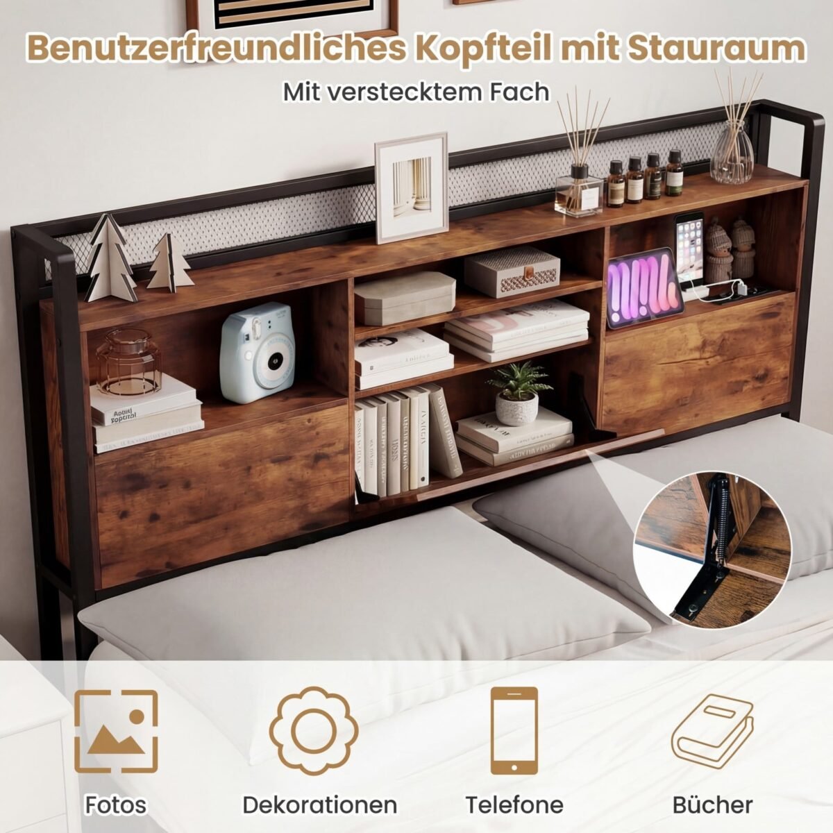 Pramoninio stiliaus lovos rėmas su LED apšvietimu ir įkrovimo stotele (Kaimiška ruda) – Paveikslėlis 3