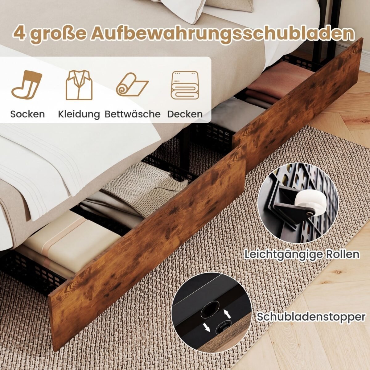 Pramoninio stiliaus lovos rėmas su LED apšvietimu ir įkrovimo stotele (Kaimiška ruda) – Paveikslėlis 4