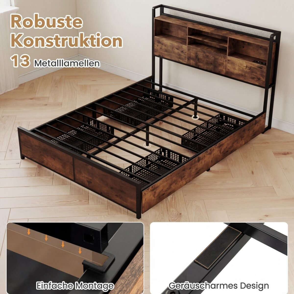 Pramoninio stiliaus lovos rėmas su LED apšvietimu ir įkrovimo stotele (Kaimiška ruda) – Paveikslėlis 5