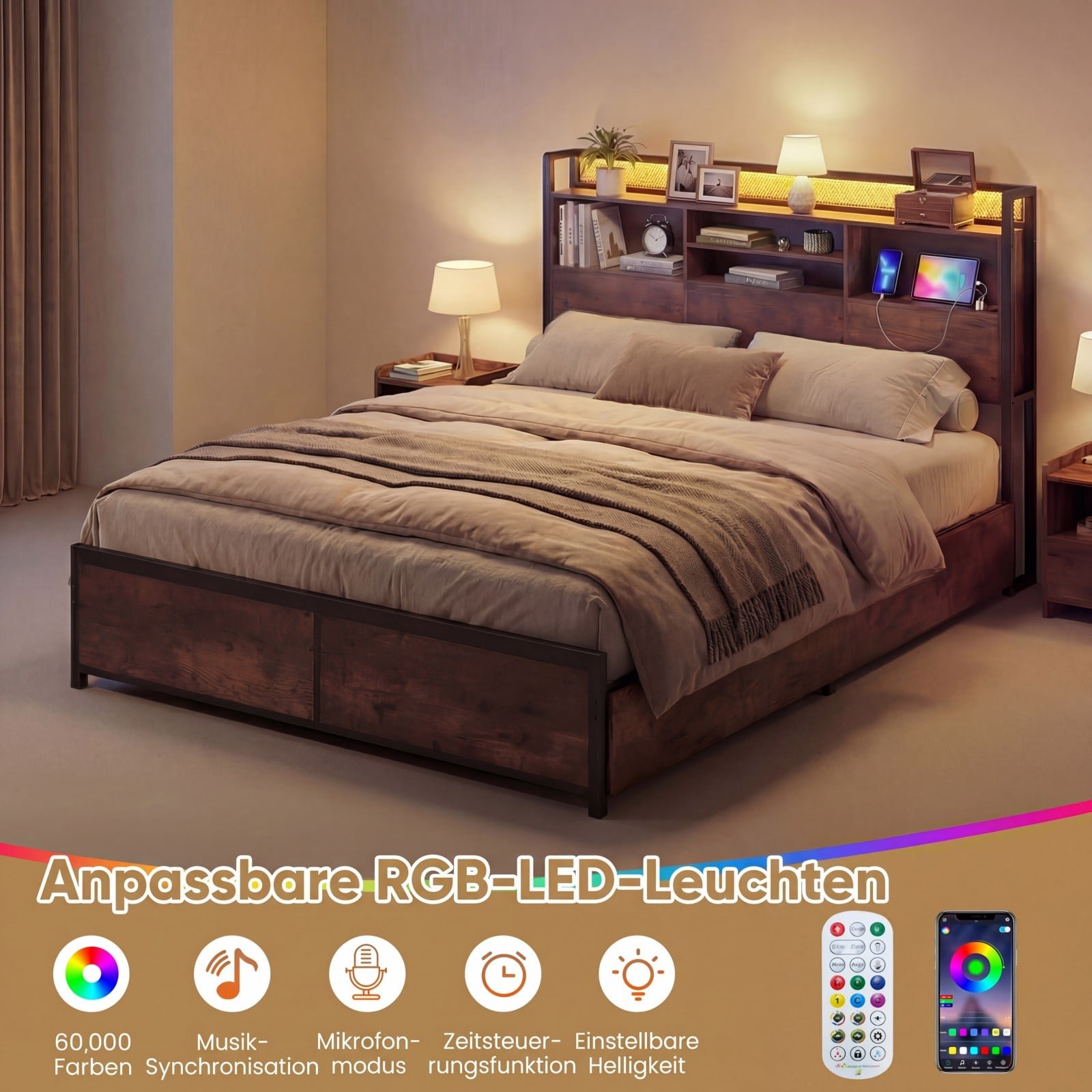 Pramoninio stiliaus lovos rėmas su LED apšvietimu ir įkrovimo stotele (Kaimiška ruda)